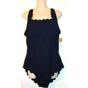 NEW Charmo Scalloped Ribbed One Piece Swimsuit BLACK Size XL UPF 50+    D121